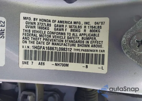 2007 Honda Civic Ex from USA, damaged, VIN 1HGFA16867L098312